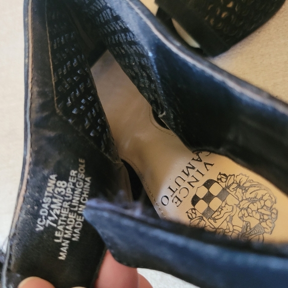 Vince Camuto Black Suede Leather Perforated Leather 3" Block Heel Peep Toe 7.5 - Picture 4 of 7